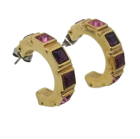 SWAROVSKI 1990S GOLDTONE WITH PINK & PURPLE CRYSTAL HOOP EARRINGS - Picture 1 of 6
